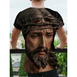 Jesus Print, Men's Graphic Design Crew Neck Active T-shirt, Casual Comfy Tees Tshirts For Summer, Men's Clothing Tops For Daily Gym Workout Running