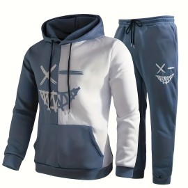 Creative Pattern Print, Men's 2Pcs Outfits, Casual Hoodies Long Sleeve Hooded Sweatshirt And Sweatpants Joggers Set For Spring Fall, Men's Clothing