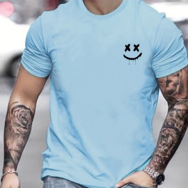 Smile Print, Men's Graphic Design Crew Neck T-shirt, Casual Comfy Tees Tshirts For Summer, Men's Clothing Tops For Daily Vacation Resorts
