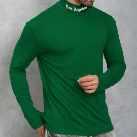 LOS ANGELES Print Men's Casual Turtleneck Long Sleeve Fit Slim T-shirt, Spring Fall
