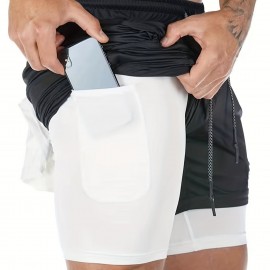 2-in-1 Double Layer Shorts With Inner Pocket, Men's Mid Stretch Sports Shorts For Summer Gym Workout Training
