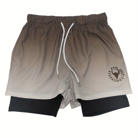 2-in-1 Double Layer Shorts With Inner Zipper Pocket, Men's Mid Stretch Sports Shorts For Summer Gym Workout Training