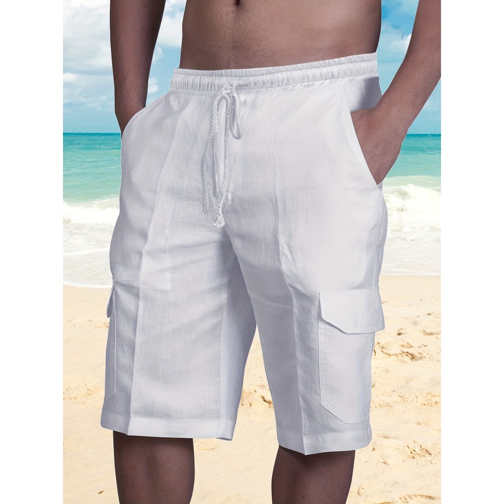 Classic Design Cotton Cargo Shorts, Men's Casual Multi Pocket Waist Drawstring Cargo Shorts For Summer Outdoor