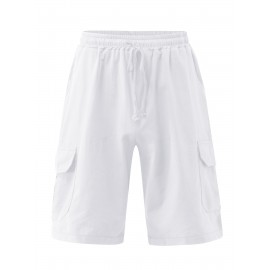 Classic Design Cotton Cargo Shorts, Men's Casual Multi Pocket Waist Drawstring Cargo Shorts For Summer Outdoor