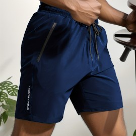 Quick Drying Comfy Active Shorts, Men's Casual Zipper Pockets Stretch Waist Drawstring Shorts For Summer Gym Workout Training