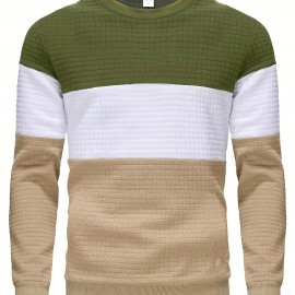 Three Color Block  Trendy Sweatshirt, Men's Casual Classic Design Crew Neck Pullover Sweatshirt For Men Fall Winter