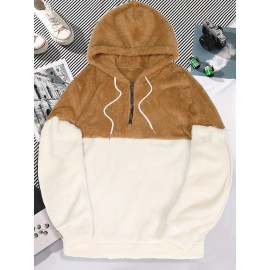 Cool Fluffy Thermal Hoodies For Men, Men's Casual Color Block Polar Fleece Pullover Hooded Sweatshirt With Kangaroo Pocket Streetwear For Winter Fall, As Gifts