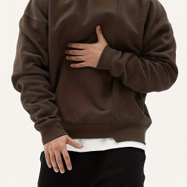 Men's Trendy Solid Sweatshirt, Casual Cotton Slightly Stretch Breathable Long Sleeve Loose Top For Outdoor